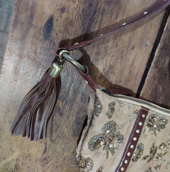 Mary Frances Velvety Vegan Leather Floral Beaded Hobo/Boho Crossbody Bag - Picture 4 of 10